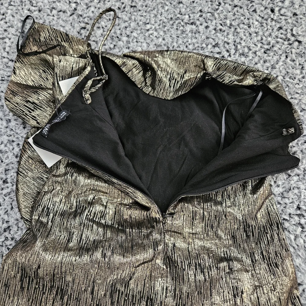 Zara Gold Metallic Mini Dress S Small Sleeveless Ruffled Bow Holiday Party - Picture 6 of 14